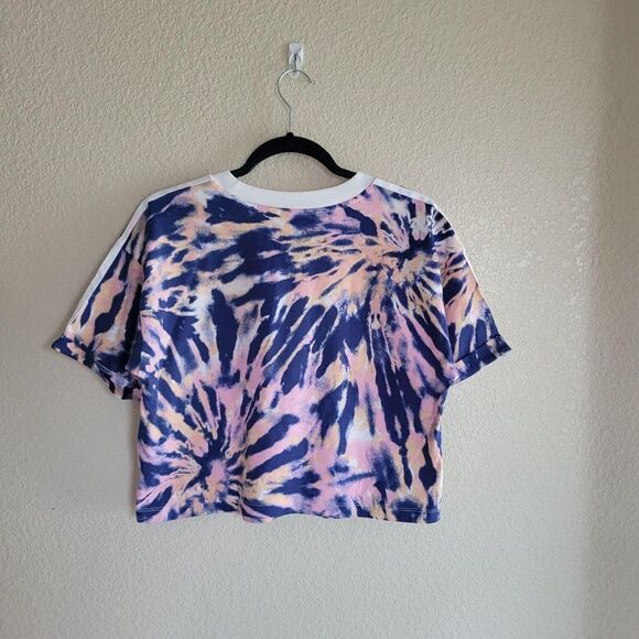 Adidas Womens Top Blue L 3 Stripe Tie Dye Crop Top Crew Neck Pink New - Picture 6 of 7